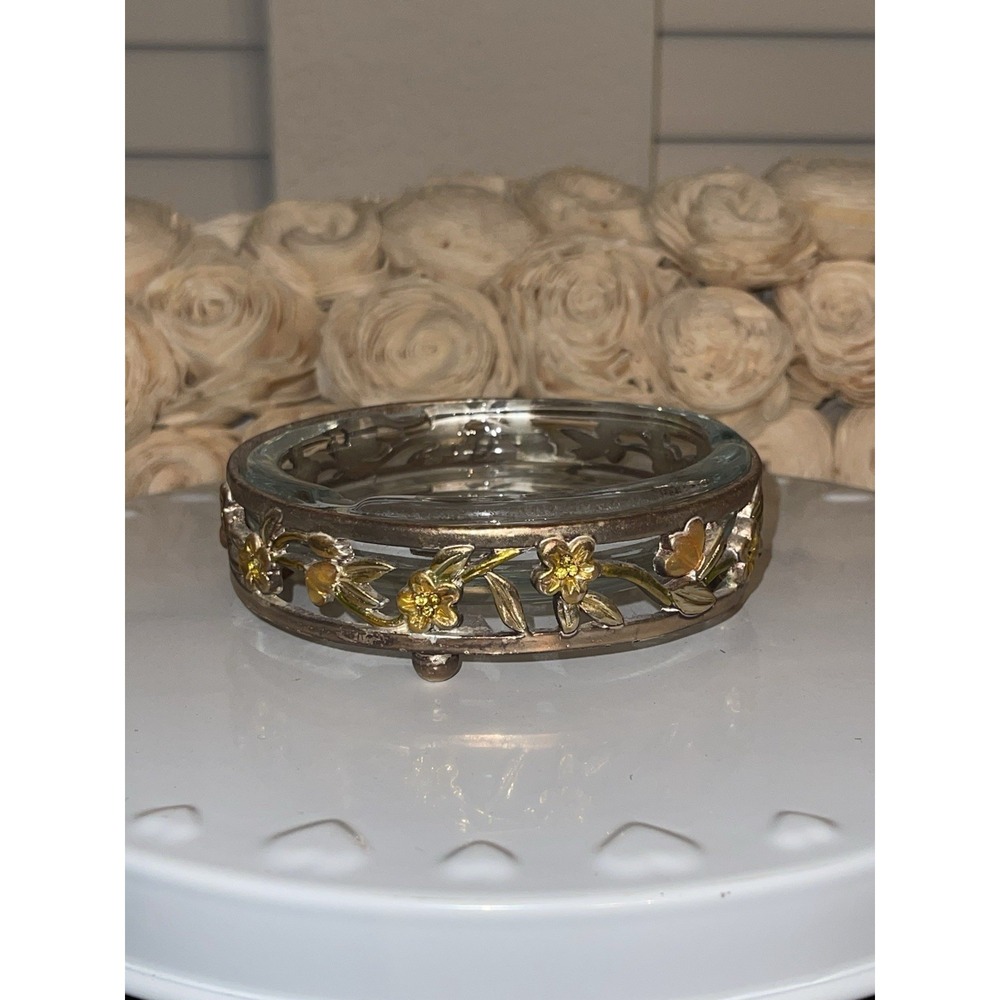 Vintage Clear Glass Ashtray With Gold Tone Floral Ornate Footed Stand Holder